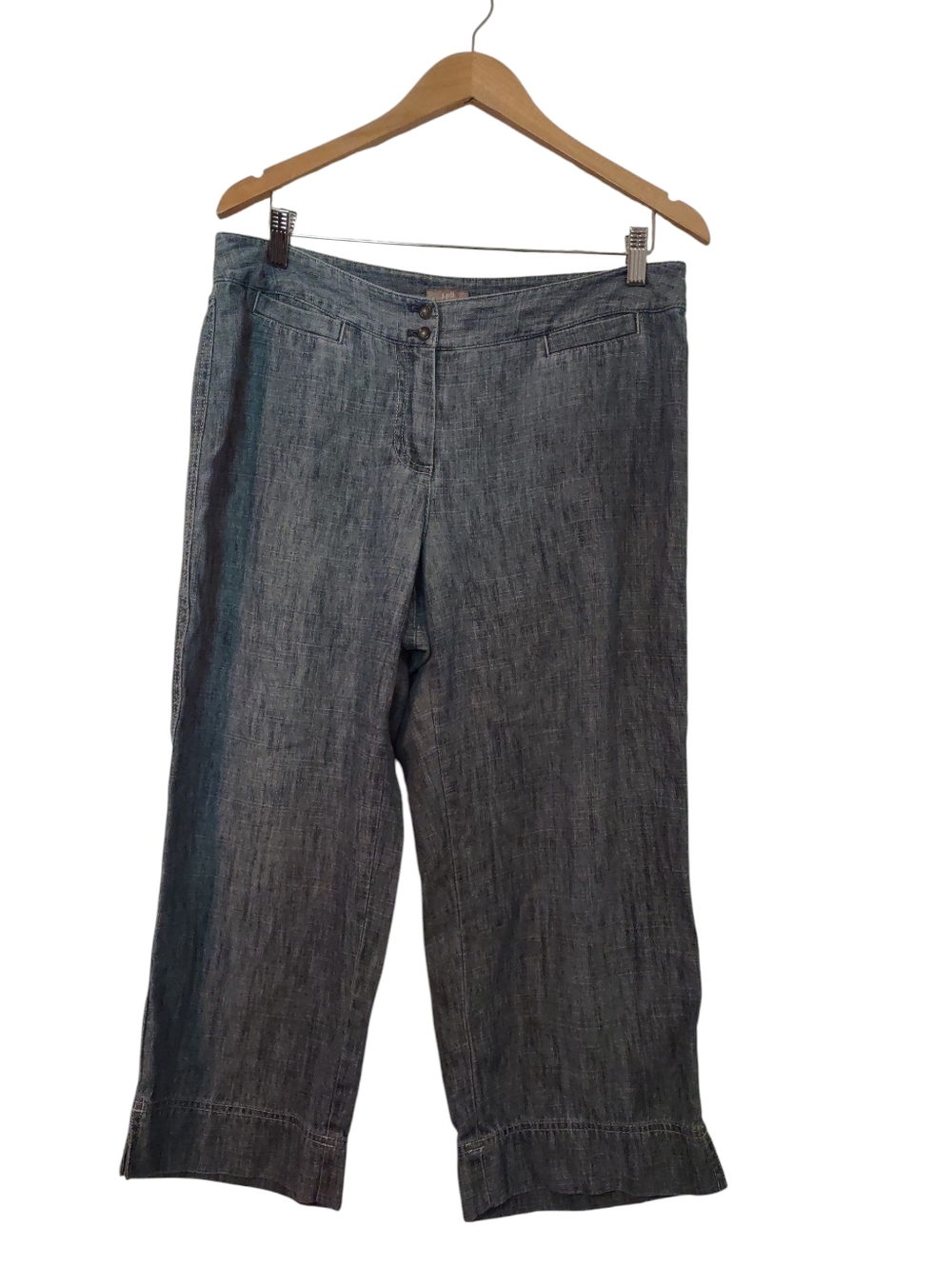 J. Jill Women's Linen Blend Blue Chambray Capri Button Closure Pants Size: 12